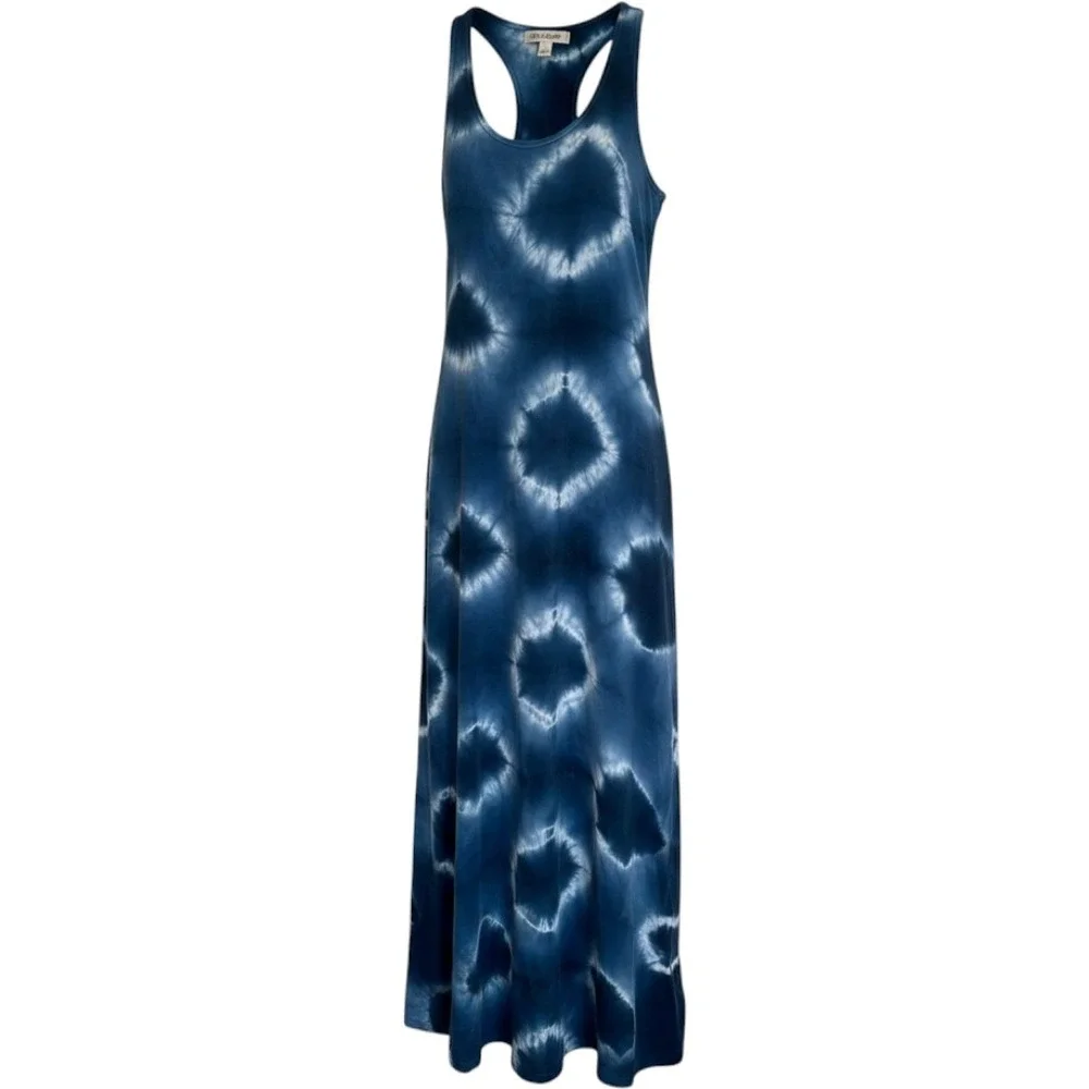 C&C California Mirage Tie Dye Maxi Dress Blue White Racerback Small NWT